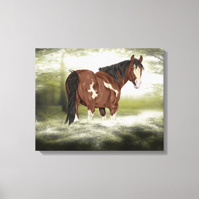 Bay och White Stänk Overo Paint Horse Canvastryck (Framsida)