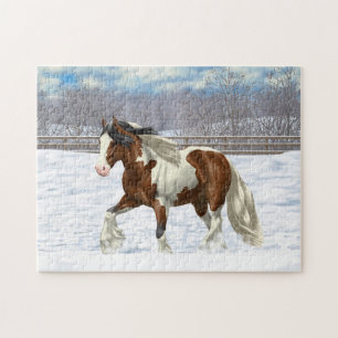 Bay Pinto Gypsy Vanner Draft Horse i Snö Pussel