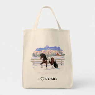 Bay Pinto Gypsy Vanner Draft Horse i Snö Tygkasse