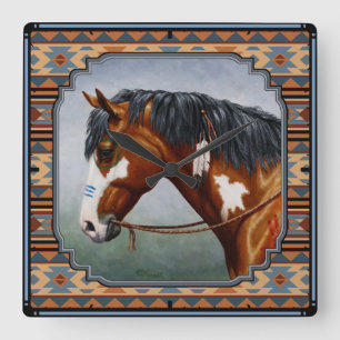Bay Pinto Krig Horse Southwest Design Fyrkantig Klocka