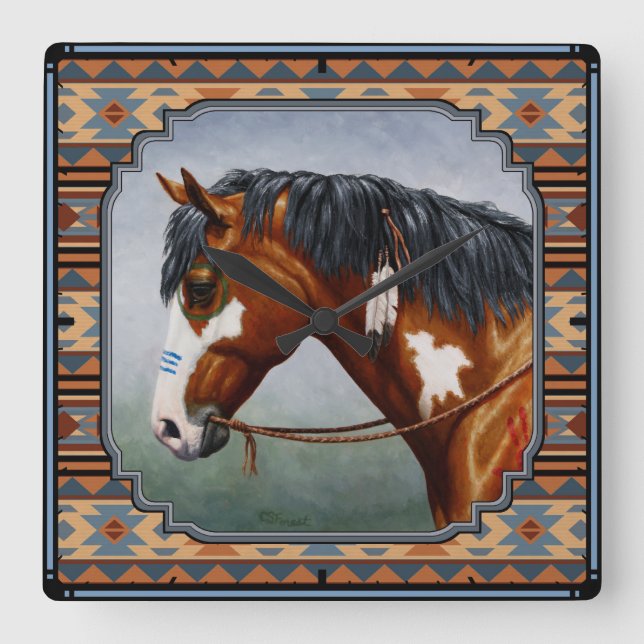 Bay Pinto Krig Horse Southwest Design Fyrkantig Klocka (Framsida)