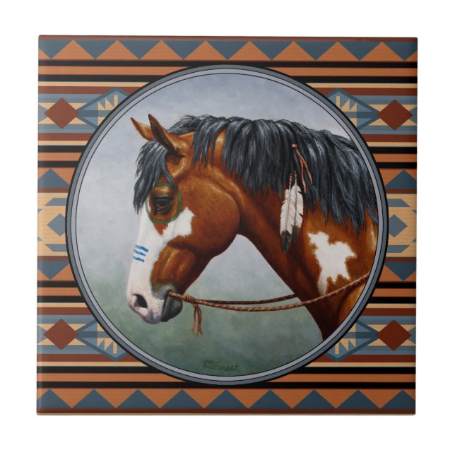 Bay Pinto Krig Horse Southwest Design Kakelplatta (Framsidan)