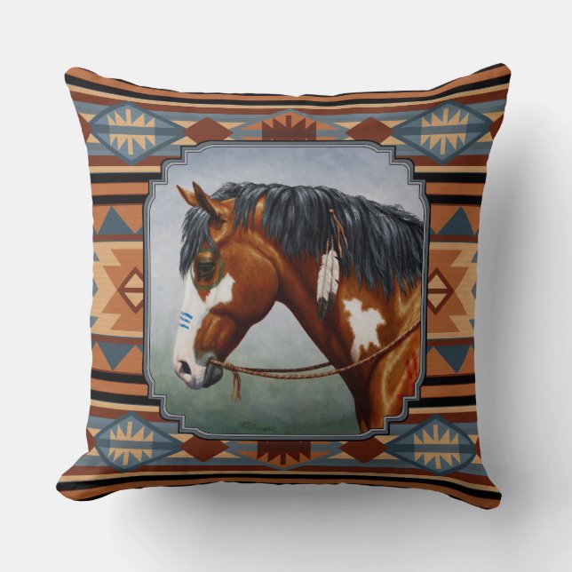 Bay Pinto Krig Horse Southwest Design Kudde (Framsida)