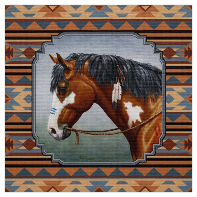 Bay Pinto Krig Horse Southwest Design Tyg (Provkarta)