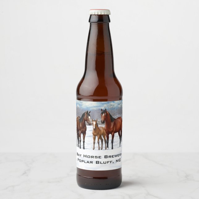 Bay Quarter Horses i Snö Personlig Ölflaska Etikett (Framsida)