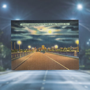 Bay Street Viaduct Night Savannah GA retro Vykort