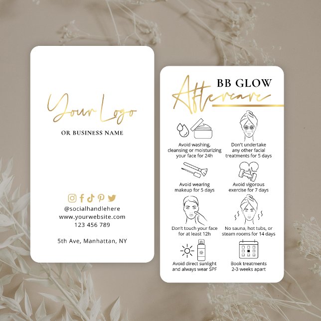BB Glow Face After Care Guide White & Guld PMU Visitkort (Elegant BB Glow Facial aftercare cards with faux gold effects & space for your logo)
