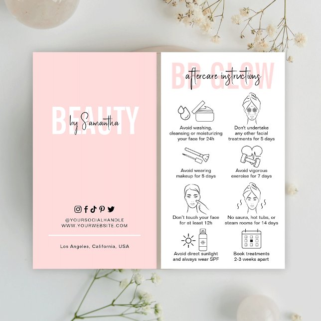 BB Glow Face Aftercare Instructions Rosa Salon Visitkort (Modern blush pink BB Glow Facial Treatment Aftercare Cards with care icons and space for your logo)