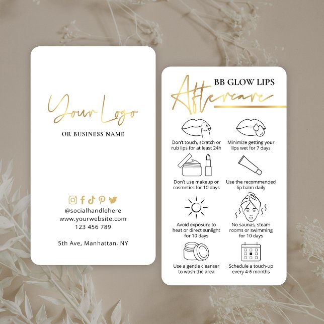 BB Glow Läppar Aftercare White & Guld PMU Artist Visitkort (Modern white and faux gold BB Glow Lips Aftercare Instructions Cards with space for your details)