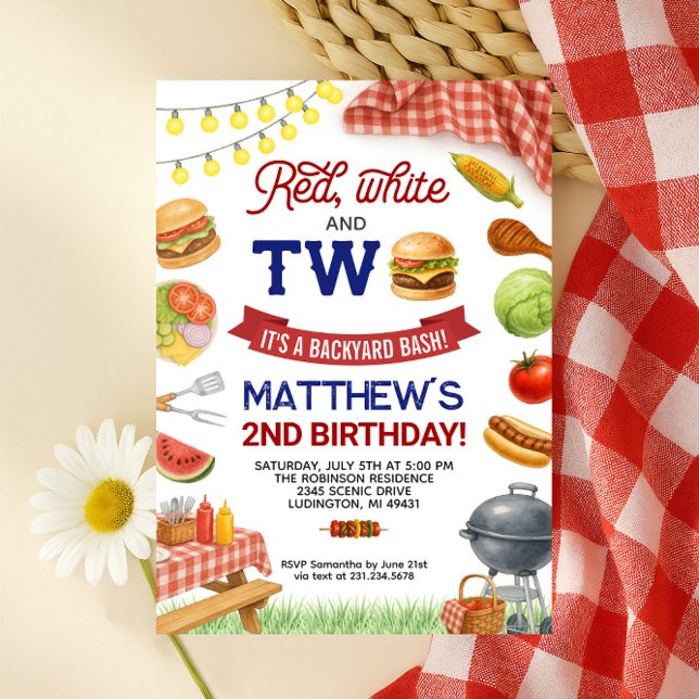 BBBQ:s andra födelsedagsinbjudan Sommargrill födel Inbjudningar (Red, White and Two 4th of July BBQ 2nd Birthday Invitation Summer Grill Birthday
)
