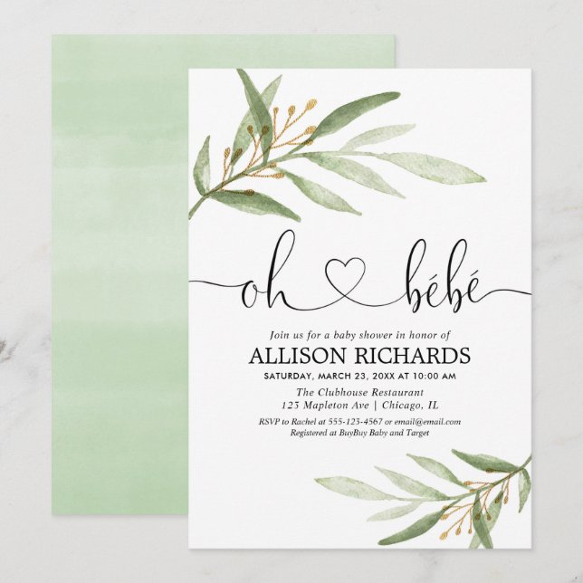 Bbe Fransk Greenery guld könsneutrala dusch Inbjudningar (Fram/baksida)