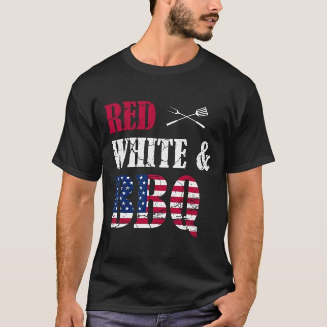 Bbq 4:e juli Röda vita och BBQ Amerikanska Flagga T Shirt (Framsida)
