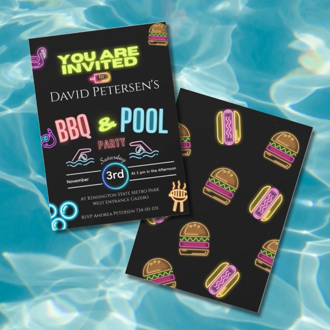 BBQ and Pool Party Neon Birthday Invitation Inbjudningar (Skapare uppladdad)