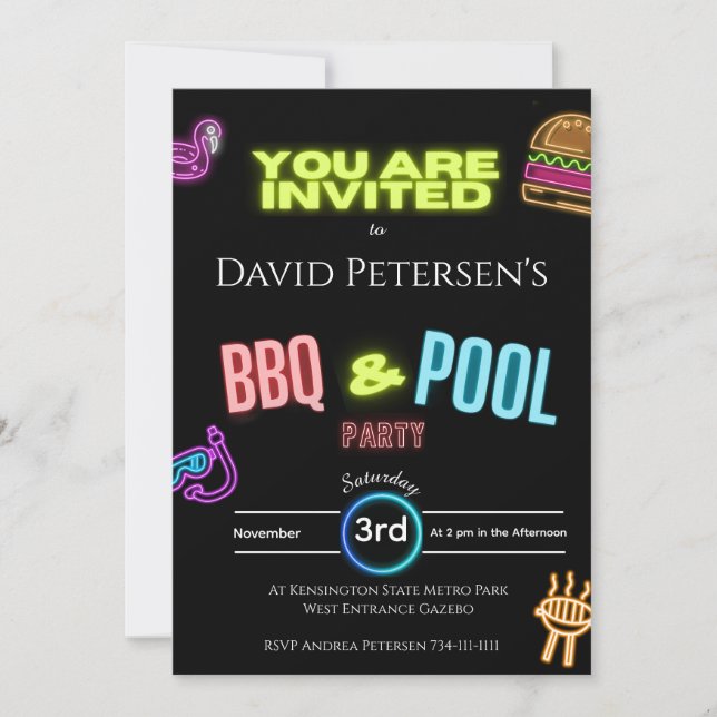 BBQ and Pool Party Neon Birthday Invitation Inbjudningar (Framsida)