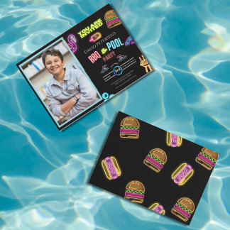 BBQ and Pool Party Neon Photo Birthday Invitation Inbjudningar