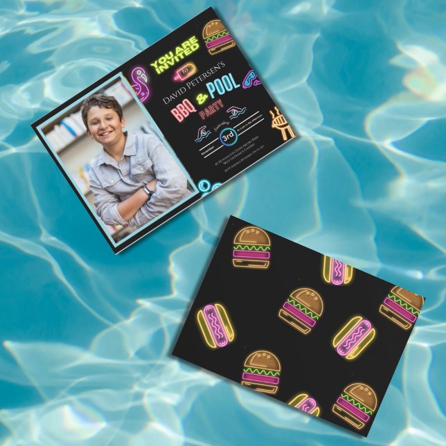 BBQ and Pool Party Neon Photo Birthday Invitation Inbjudningar (Skapare uppladdad)
