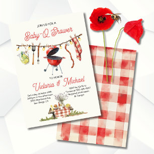 BBQ Baby-Q Baby Shower Gingham clothesline Inbjudningar