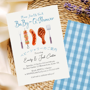 BBQ Baby Shower BabyQ Grill Utensil Blue Gingham Inbjudningar
