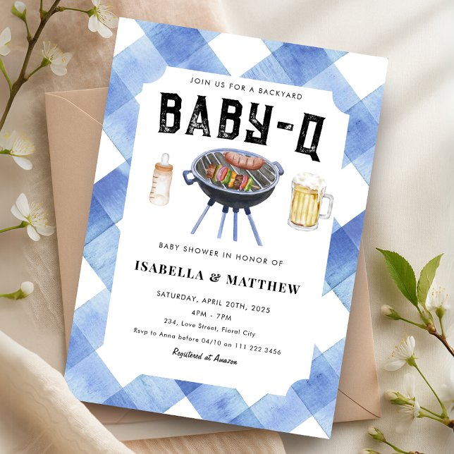 BBQ Baby Shower Blue Gingham Baby-Q Inbjudningar (BBQ Baby Shower Blue Gingham Baby Q Invitation)