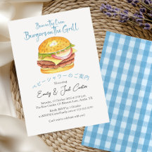 BBQ Baby Shower Grill Burger Rustic Blue Gingham