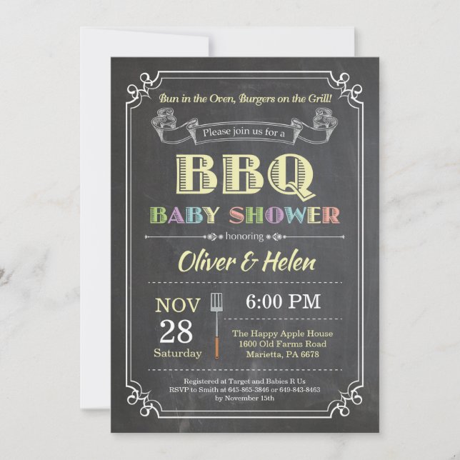 BBQ Baby Shower Inbjudan Kritstavla Gul (Framsida)