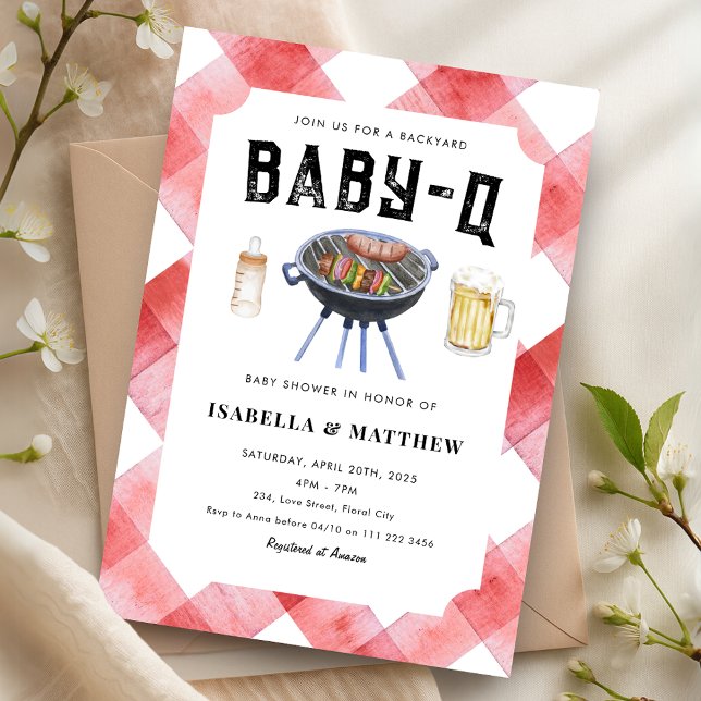 BBQ Baby Shower Red Gingham Baby-Q Inbjudningar (BBQ Baby Shower Red Gingham Baby Q Invitation)