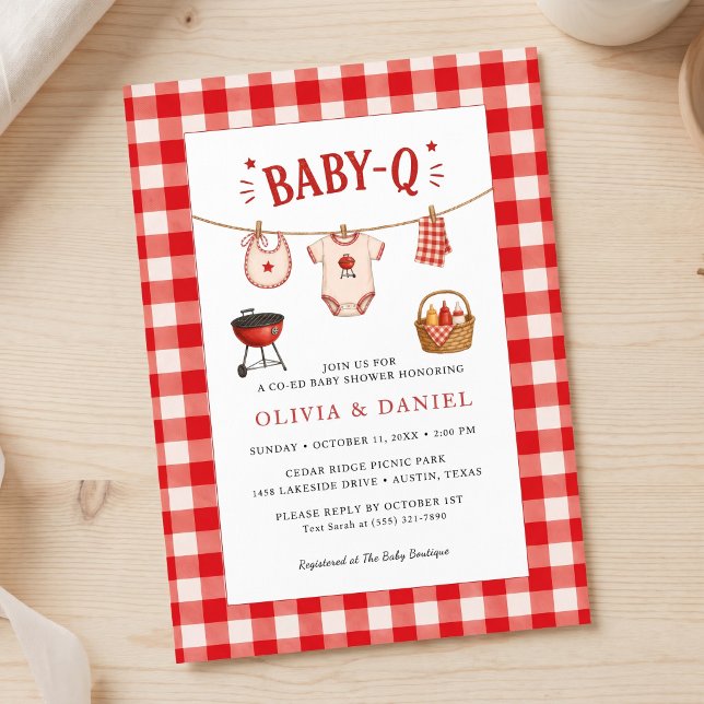 Bbq Baby Shower Rustik Röd Gingham Inbjudningar (Bbq Baby Shower Rustic Red Gingham Invitation)