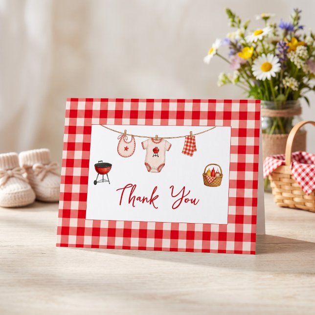 Bbq Baby Shower Rustik Röd Gingham Tack Kort (Bbq Baby Shower Rustic Red Gingham Thank You Card)