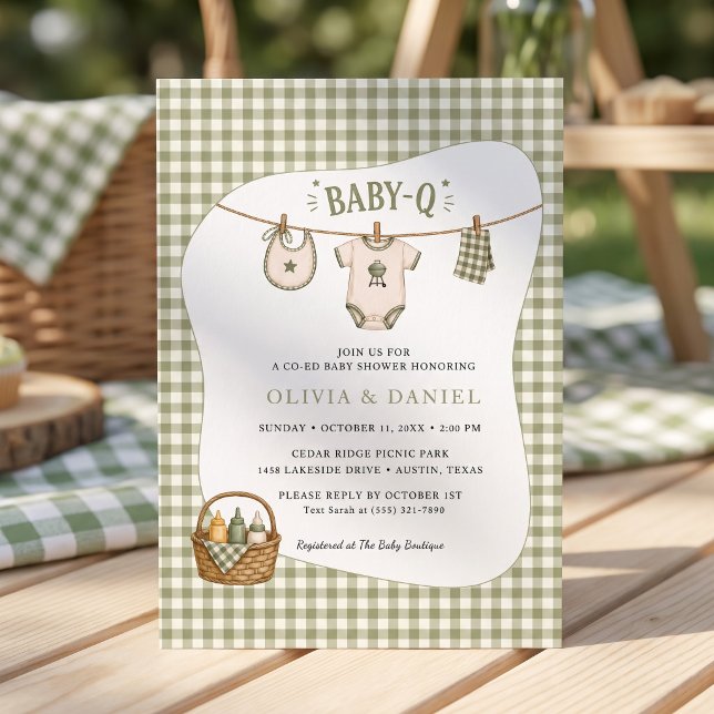 Bbq Baby Shower Sage Rutig Gingham Anpassad Inbjudningar (Bbq Baby Shower Sage Gingham Rustic Custom Invitation)