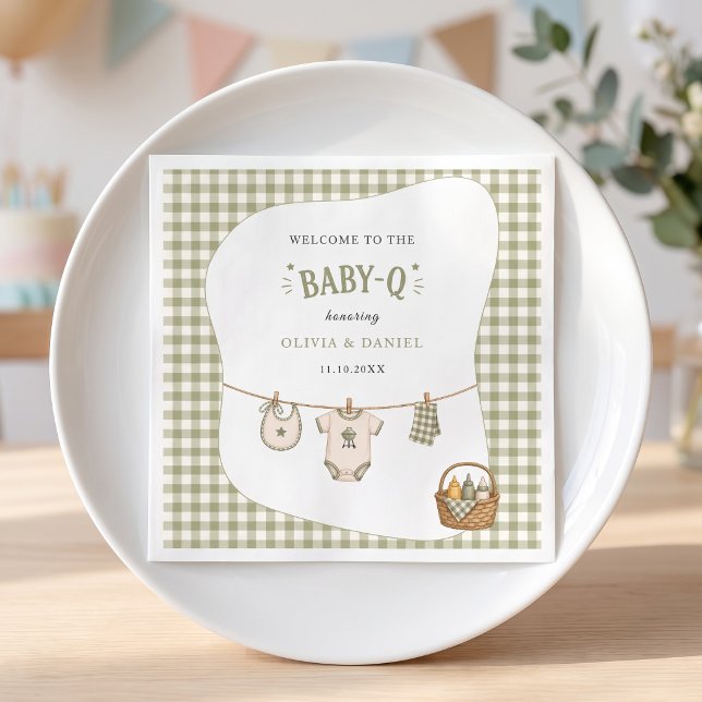 Bbq Baby Shower Sage Rutig Gingham Anpassad Pappersservett (Bbq Baby Shower Sage Gingham Rustic Custom Napkins)