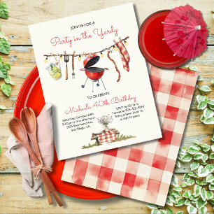 BBQ Birthday Gingham Backyard Picnic clothesline Inbjudningar