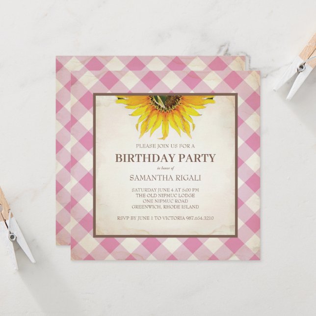 BBQ Birthday Rosa Gingham Print Inbjudningar (Fram/Back In Situ)