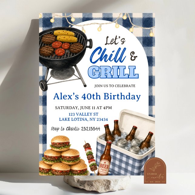 BBQ Blå Rutig Grill och Chill Födelsedag Inbjudningar (Skapare uppladdad)