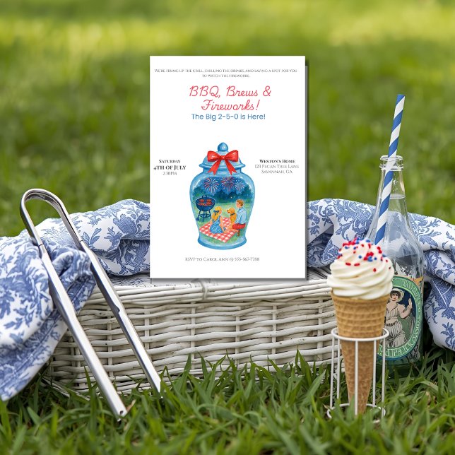 BBQ, Brews, Fireworks Ginger Burk 4:e juli Inbjudningar (A soft, natural light front-view of a 5x7 blank "BBQ, Brews & Fireworks" invitation standing upright)