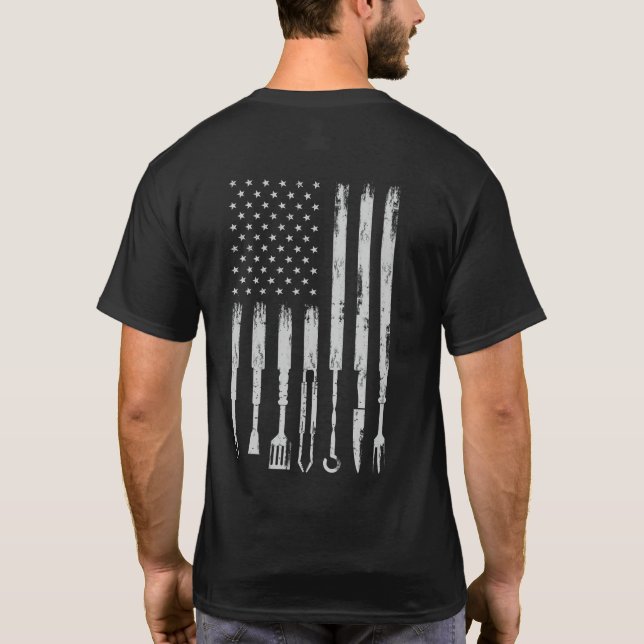 BBQ Design Smoking Barbecue USA flagga T Shirt (Baksida)
