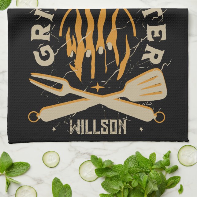 BBQ-flamma Vintage Grill Typografi Kökshandduk (Vikta)
