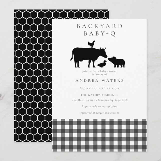 BBQ | Gingham Black | Rustic Baby Shower Inbjudningar (Fram/baksida)