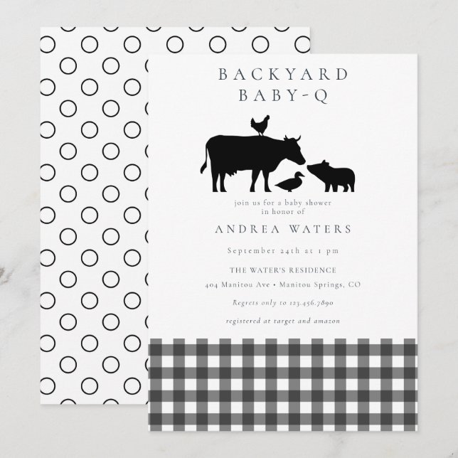 BBQ | Gingham Black | Rustic Baby Shower Inbjudningar (Fram/baksida)