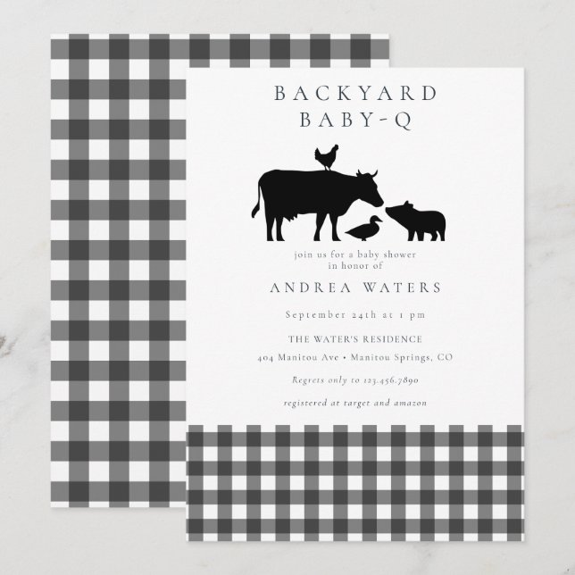 BBQ | Gingham Black | Rustic Baby Shower Inbjudningar (Fram/baksida)