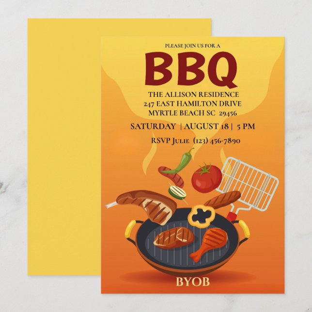 BBQ Grill  Utflykt med grillad mat  Sommar  Fest Inbjudningar (Fram/baksida)