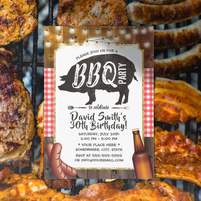 BBQ Gris Roast Födelsedagsfest Rustic Barn Wood Inbjudningar (Skapare uppladdad)