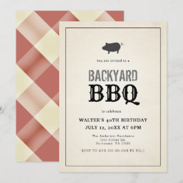 BBQ Gris Roast Vintage Red Gingham Vuxen Birthday Inbjudningar