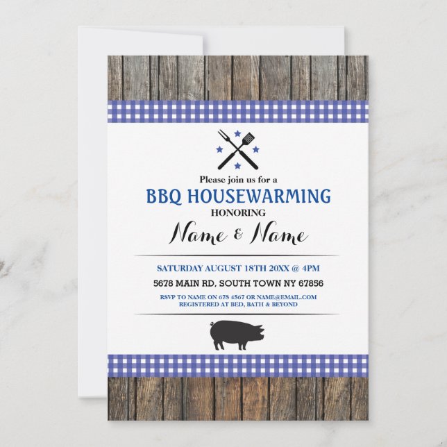 BBQ Houseuppvärmning Rustic Blue Hog Roast Wood In Inbjudningar (Framsida)
