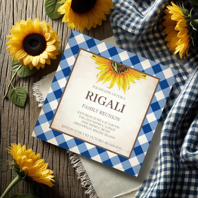 BBQ-inbjudan Gingham Skriv ut Inbjudningar (Family reunion invitations sunflower and blue gingham print.)