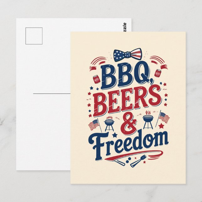 BBQ, Öl & Freedom - Retro 4:e juli Vibes Vykort (Fram/baksida)