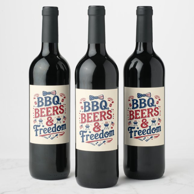BBQ, öl & frihet – Retro 4 juli-vibbar Vinflaska Etikett (Flaskor)