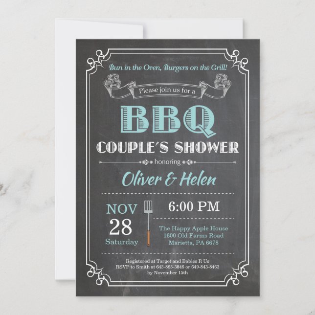 BBQ Par Shower-inbjudan till Chalkboard Aqua Inbjudningar (Framsida)