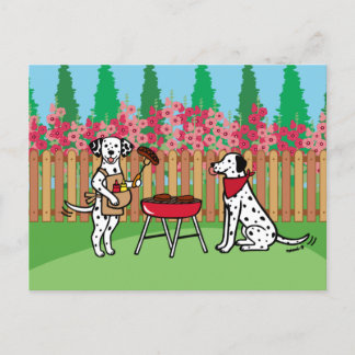 BBQ Party Dalmatians Hollyhock Flowers Tecknad Pos Vykort