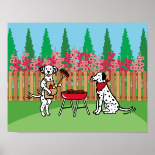 BBQ Party Dalmatians Hollyhock Flowers Tecknad Poster