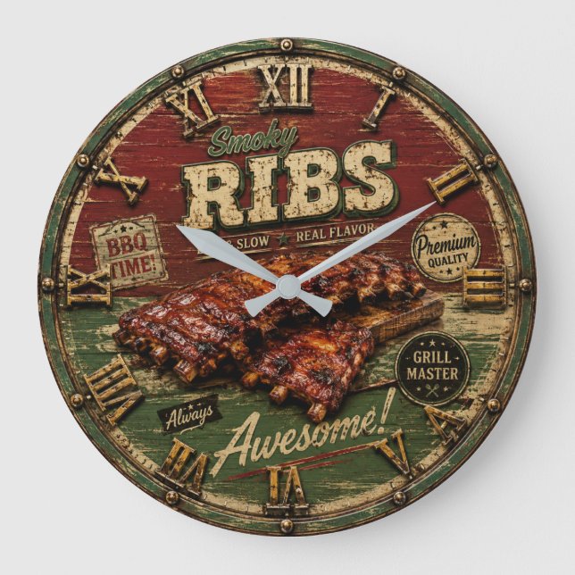 BBQ Ribs Smokehouse Barbecue  Grill Master Gift Stor Klocka (Framsida)